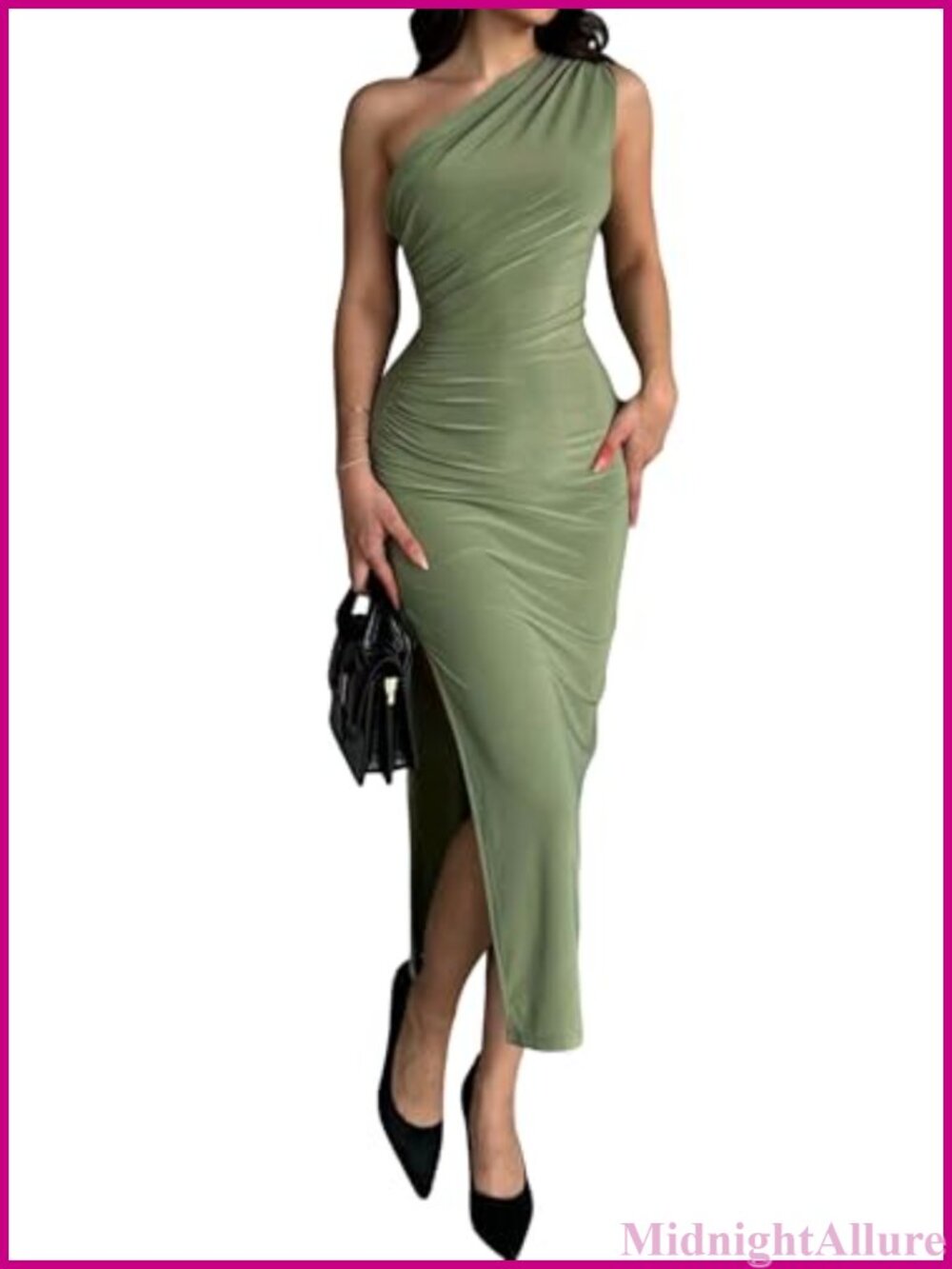 One Shoulder Bodycon Long Dress Side Slit Ruched Sleeveless Date Night